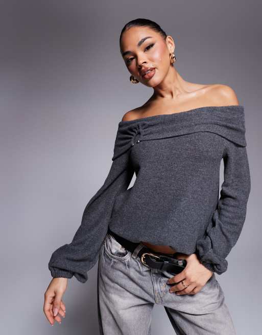 ASOS DESIGN - Superzachte bardot top met metalen hardware-detail in gemêleerd grijs