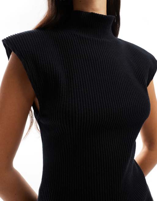 ASOS DESIGN - Superzachte geribbelde mouwloze top met schoudervullingen in zwart, 2 van 4