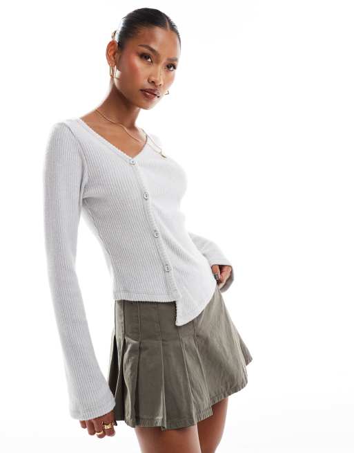 ASOS DESIGN - Superzachte geribbelde top met asymmetrische knoopsluiting in gemêleerd grijs