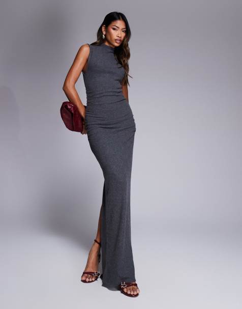 ASOS DESIGN - Superzachte gerimpelde mouwloze maxi-jurk met strakke hals in grijs - view 1