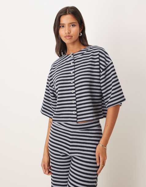 ASOS DESIGN - Superzachte gestreepte top met korte mouwen in marineblauw, deel van co-ord set - view 1