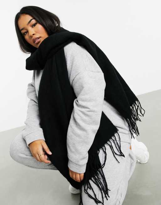 ASOS DESIGN - Superzachte geweven lange sjaal met franjes in zwart