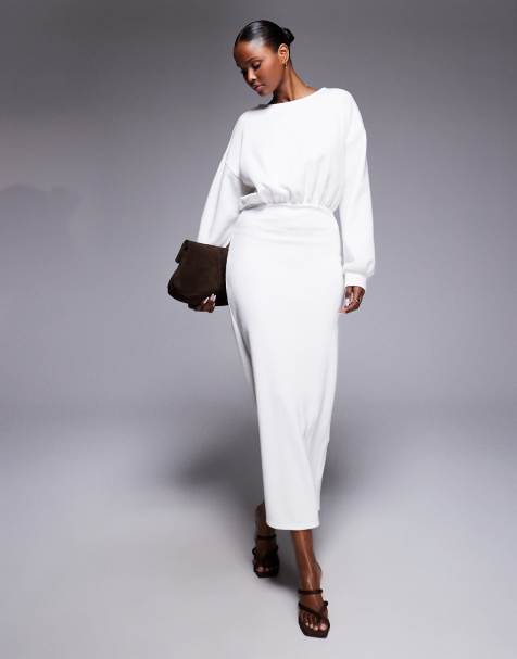 ASOS DESIGN - Superzachte maxi jurk met ingenomen taille en lange mouwen in crème - view 1