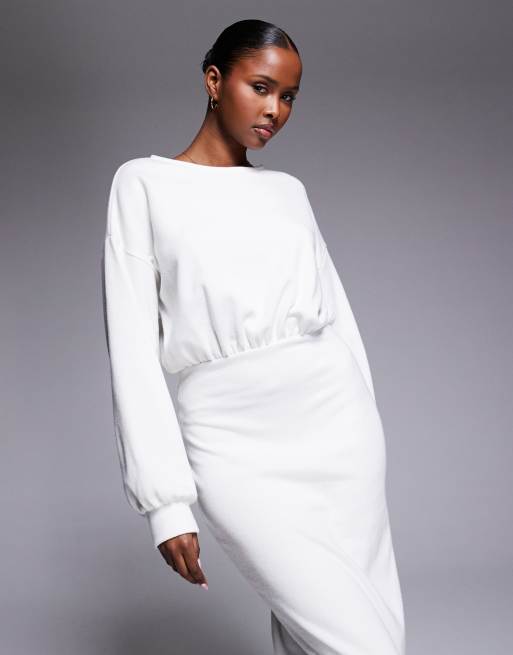 ASOS DESIGN - Superzachte maxi jurk met ingenomen taille en lange mouwen in crème, 2 van 4