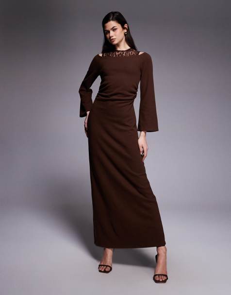 ASOS DESIGN - Superzachte maxi-jurk met kanten inzetstuk en lange mouwen in chocoladebruin - view 1