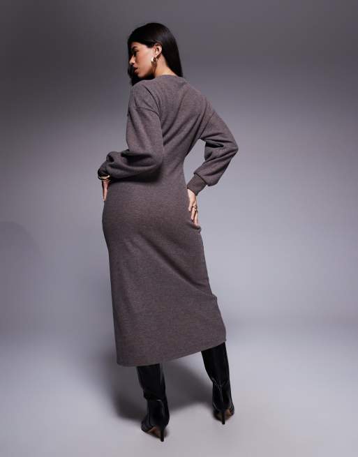 ASOS DESIGN - Superzachte maxi-jurk met lange mouwen en naaddetails in gemêleerd chocoladebruin, 4 van 4