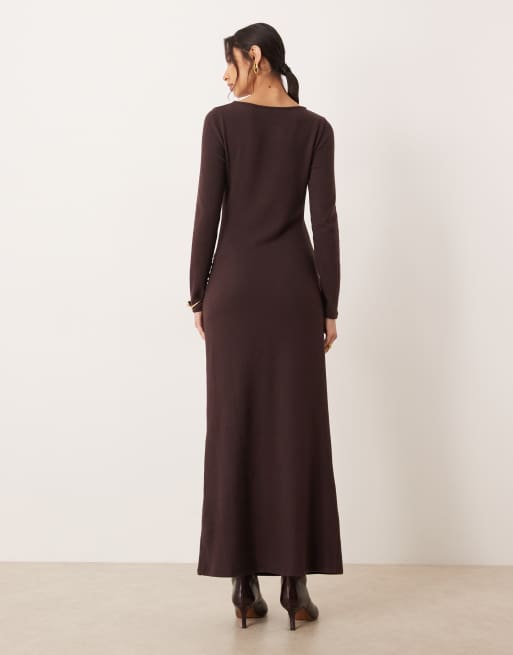 ASOS DESIGN - Superzachte maxi jurk met rechte hals en rimpels in chocoladebruin, 3 van 4