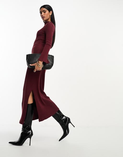ASOS DESIGN - Superzachte midi jurk met opstaande hals en lange mouwen in bordeauxrood