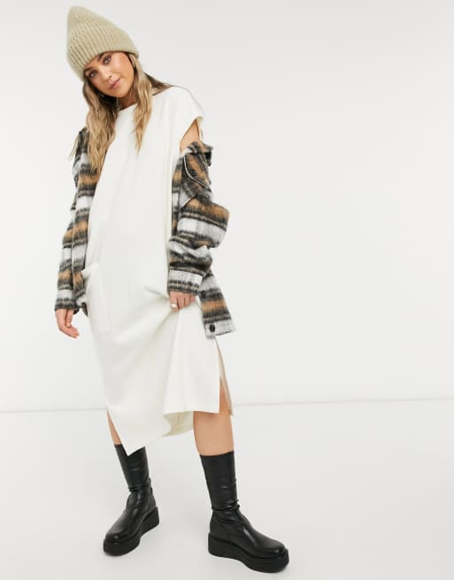 ASOS DESIGN - Superzachte midi jurk met zakdetail in winters wit