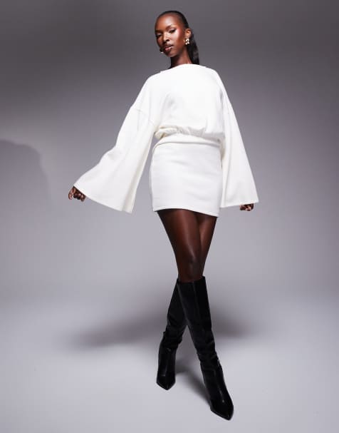ASOS DESIGN - Superzachte mini blousonjurk met lange wijde mouwen in winter wit - view 1