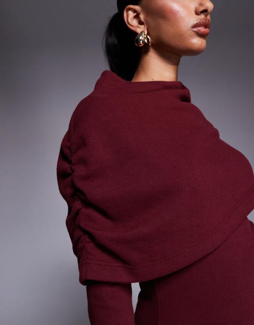 ASOS DESIGN - Superzachte mini jurk met hoge hals en gerimpelde cape in bordeauxrood, 3 van 4