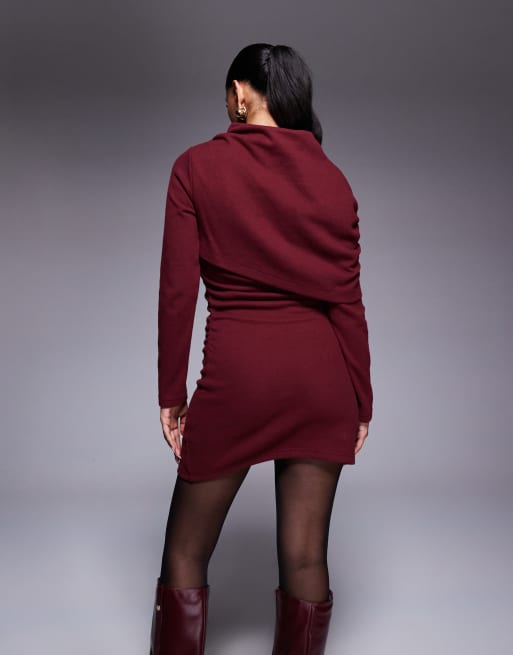 ASOS DESIGN - Superzachte mini jurk met hoge hals en gerimpelde cape in bordeauxrood, 4 van 4