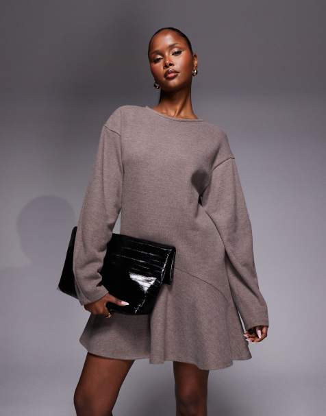 ASOS DESIGN - Superzachte mini-jurk met lange cocoonmouwen en peplum in bruin - view 1