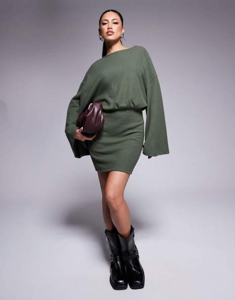 ASOS DESIGN - Superzachte mini-jurk met lange wijde blousonmouwen in kaki - view 1