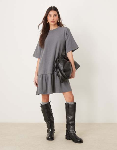ASOS DESIGN - Superzachte mini jurk met verlaagde taille in donkergrijs - view 1