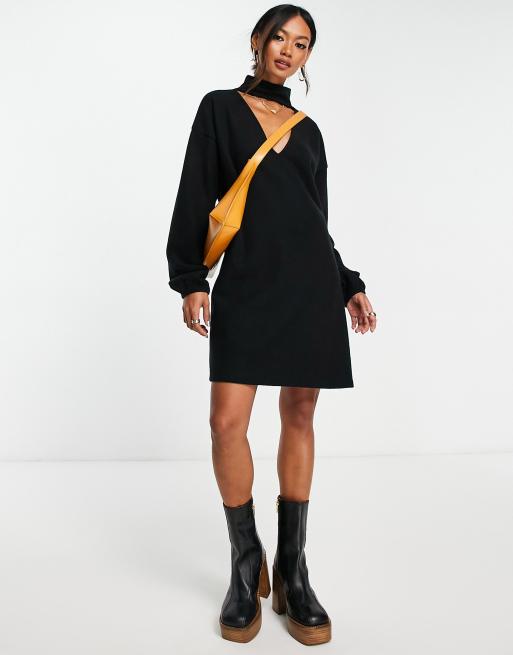 ASOS DESIGN - Superzachte mini trui jurk met lange mouwen en choker in zwart