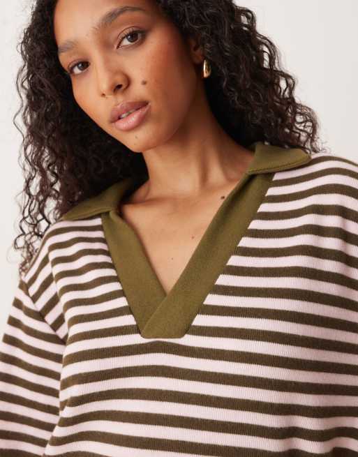 ASOS DESIGN - Superzachte oversized gestreepte rugbytop in kaki, 4 van 4