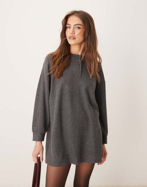 ASOS DESIGN - Superzachte oversized mini henley-jurk in gemêleerd grijs - view 1