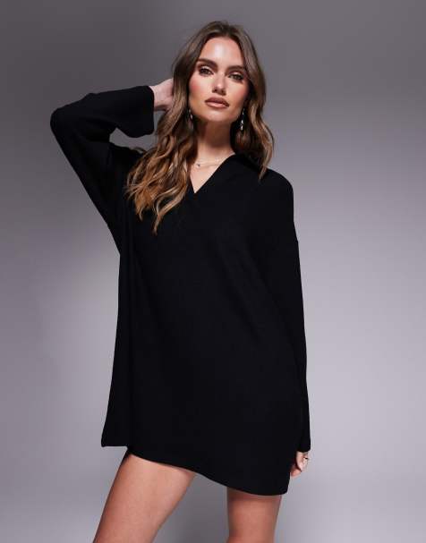 ASOS DESIGN - Superzachte oversized mini jurk met rugbykraag in zwart - view 1
