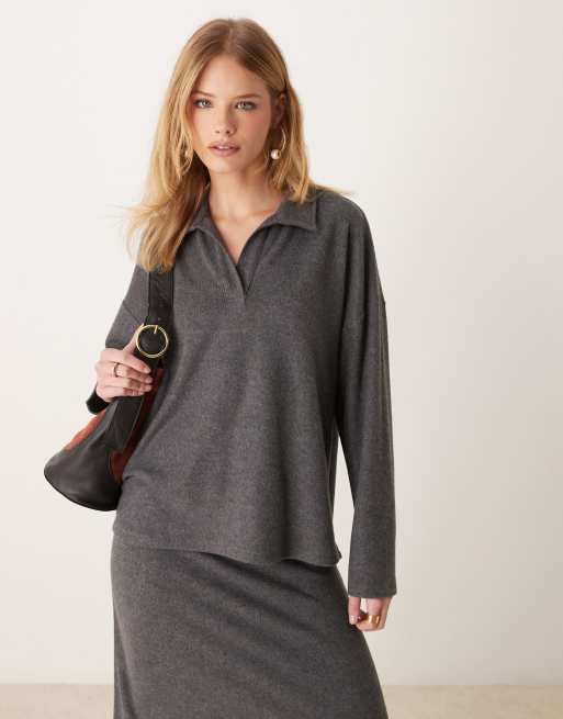 ASOS DESIGN - Superzachte oversized top met open kraag in gemêleerd grijs, deel van co-ord set