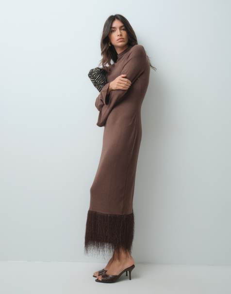 ASOS DESIGN superzachte pluizige midi-jurk in donkerbruin - view 1
