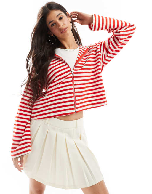 ASOS DESIGN - Superzachte rechte gestreepte hoodie met rits in rood en wit