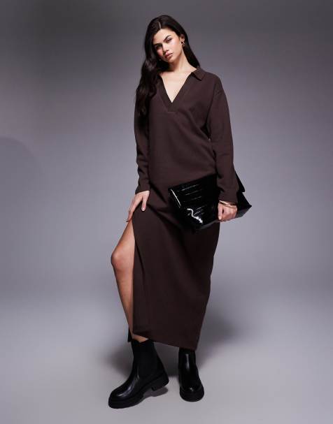 ASOS DESIGN - Superzachte ruimvallende midi-polojurk in bruin - view 1