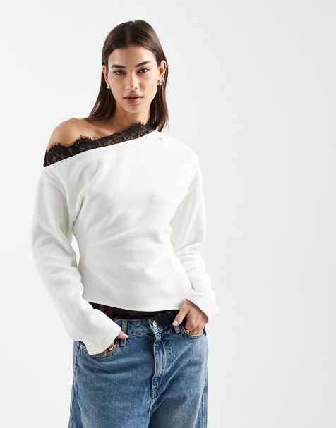 ASOS DESIGN - Superzachte top met afhangende schouder en kanten zoom in wit - view 1