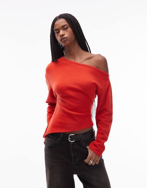 ASOS DESIGN - Superzachte top met blote schouder, korsettaille en lange mouwen in rood - view 1