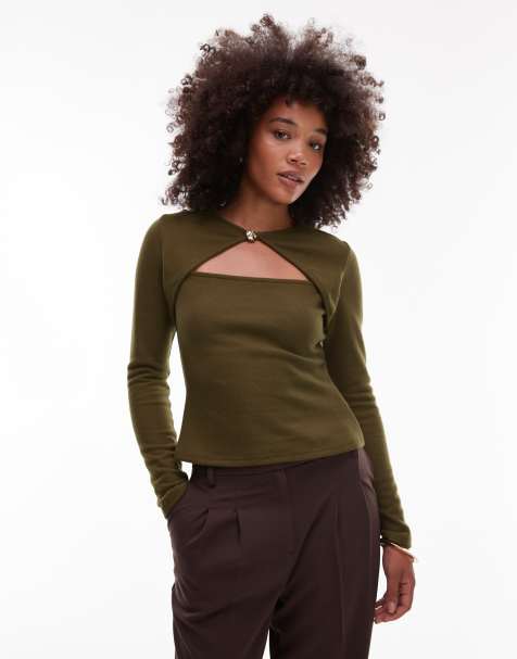 ASOS DESIGN - Superzachte top met lange mouwen en uitsnijding in donker olijfgroen - view 1