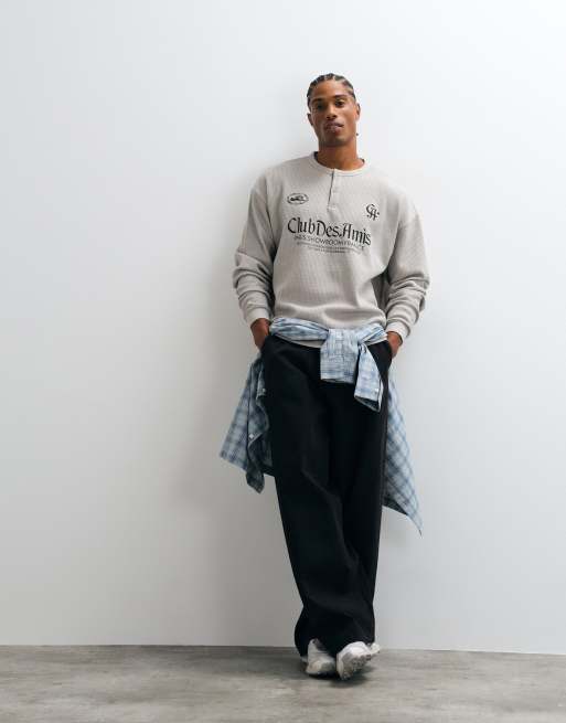 ASOS DESIGN superzwaar boxy oversized henley met lange mouwen en graphic in grijze wafelstructuur, 4 van 5