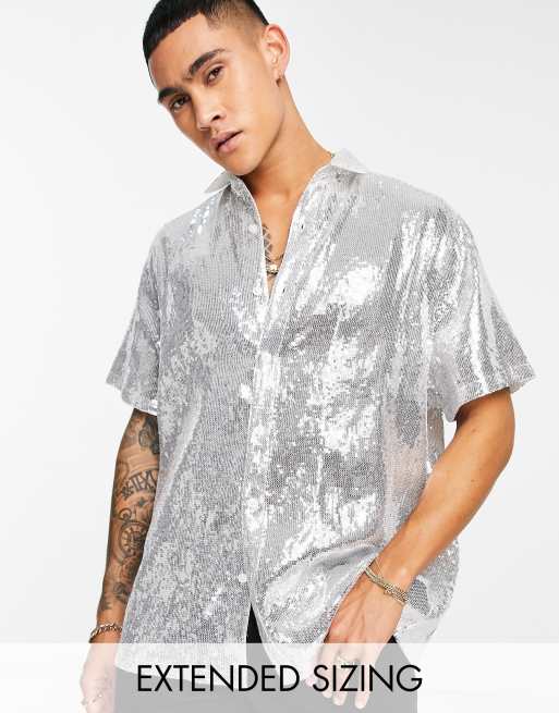 ASOS DESIGN - Surchemise à sequins avec col à revers - Argenté