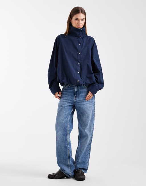 ASOS DESIGN - Surchemise en popeline à col cheminée - Bleu marine, 3 de 4