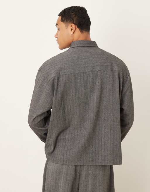 ASOS DESIGN - Surchemise habillée d'ensemble coupe carrée à manches longues et à chevrons - Anthracite, 3 de 5