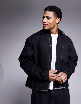 ASOS DESIGN - Surchemise oversize coupe carrée avec col en similicuir - Noir