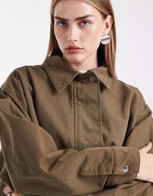 Asos Design Surplus Contrast Leather Collar Bomber Jacket In Green