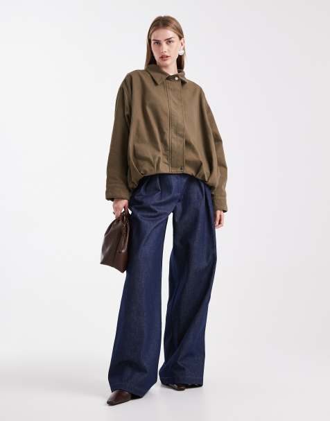 ASOS DESIGN surplus contrast leather collar bomber jacket in khaki