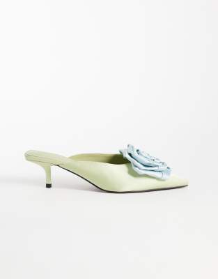 Asos Design Surprise Corsage Detail Pointed Kitten Heel Mules In Green