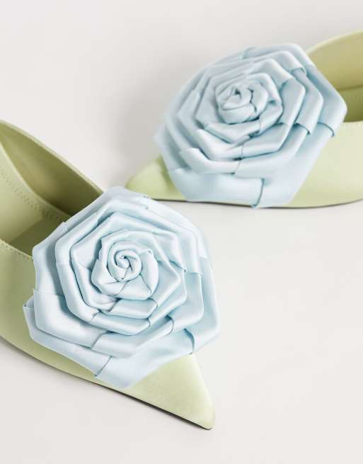 ASOS DESIGN Surprise corsage detail pointed kitten heel mules in mint and blue, 2 of 4
