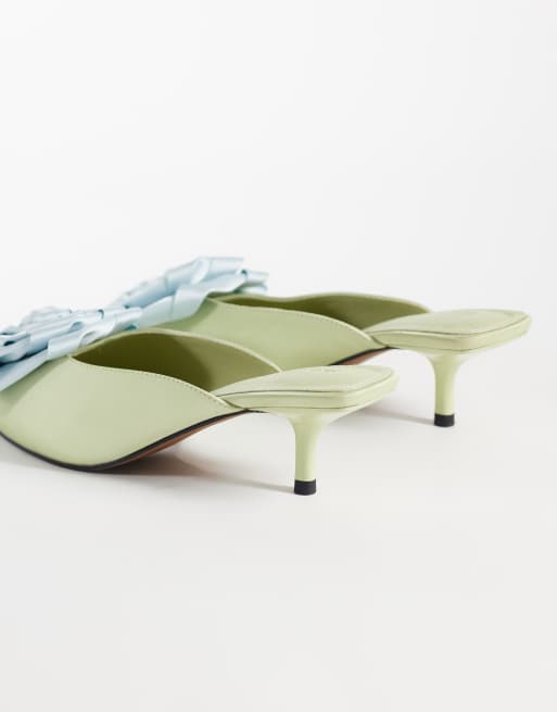 ASOS DESIGN Surprise corsage detail pointed kitten heel mules in mint and blue, 3 of 4