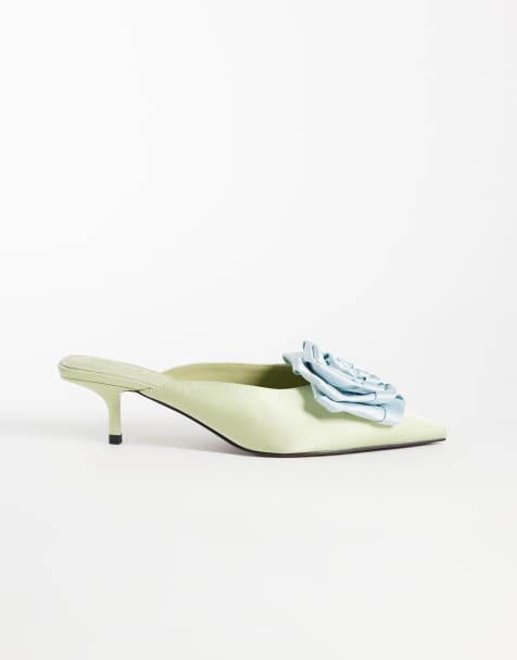 ASOS DESIGN Surprise corsage detail pointed kitten heeled mules in mint and blue - view 1