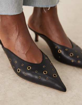 Asos Design Surprise Eyelet Detail Kitten Heeled Mules In Black