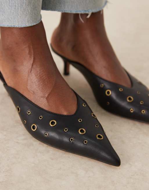 ASOS DESIGN Surprise eyelet detail kitten heeled mules in black
