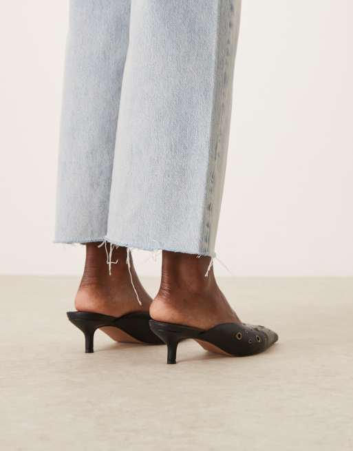 ASOS DESIGN Surprise eyelet detail kitten heeled mules in black