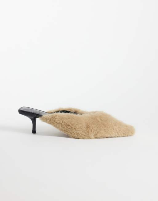 ASOS DESIGN Surprise pointed kitten-heeled faux-fur mules in beige, 5 of 5