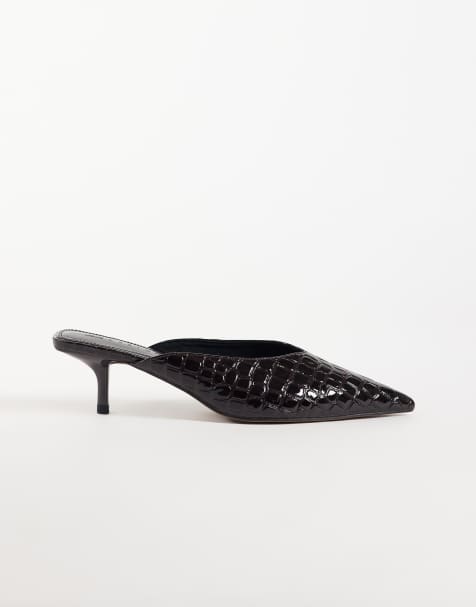ASOS DESIGN Surprise pointed kitten heeled mules in chocolate croc - view 1