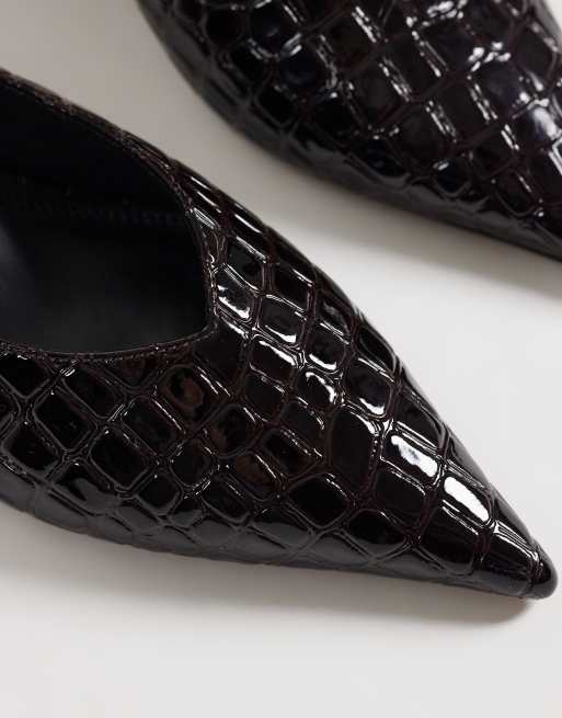 ASOS DESIGN Surprise pointed kitten heeled mules in chocolate croc, 3 of 4