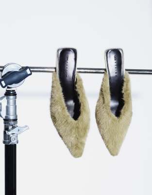 ASOS DESIGN Surprise pointed kitten heeled mules in green fur