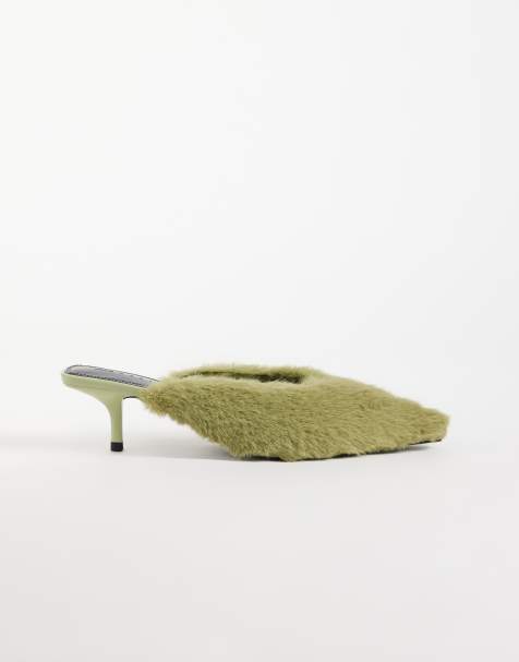 ASOS DESIGN Surprise pointed kitten heeled mules in green fur - view 1