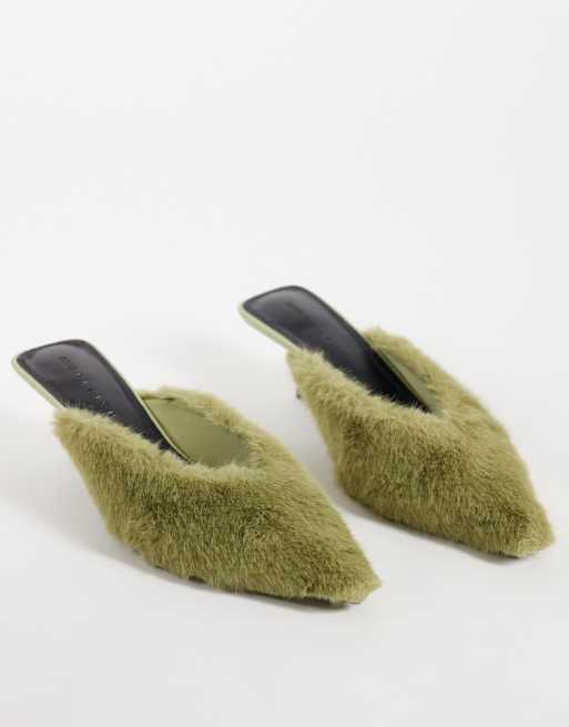ASOS DESIGN Surprise pointed kitten heeled mules in green fur, 2 of 4
